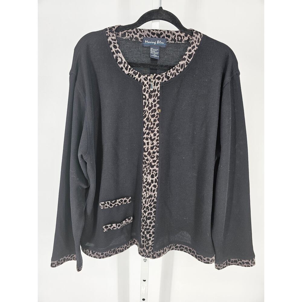 Moving Bleu Women's Round Neck Full Zipper Front Jacket Size XL Cheetah Trim